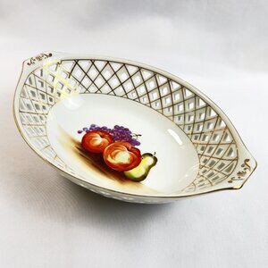 Occupied Japan Vintage Reticulated Porcelain Basket Hand Painted Fruit Gold Trim